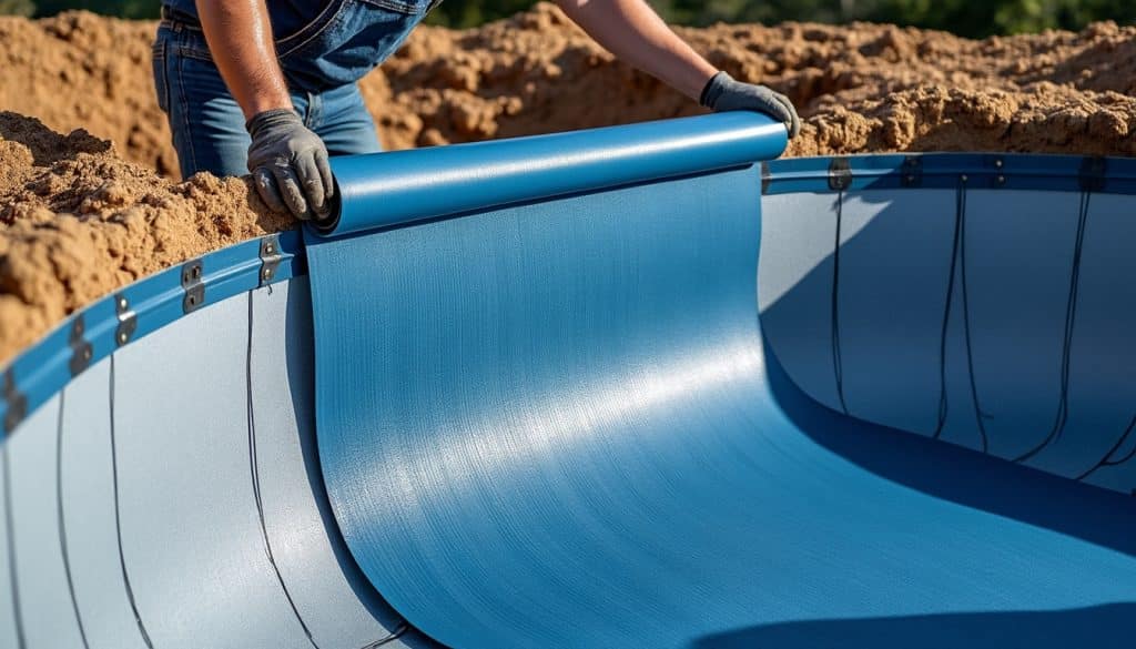 assurez l'étanchéité durable de votre piscine creusée grâce à la pose professionnelle d'un liner armé, solution fiable et résistante.