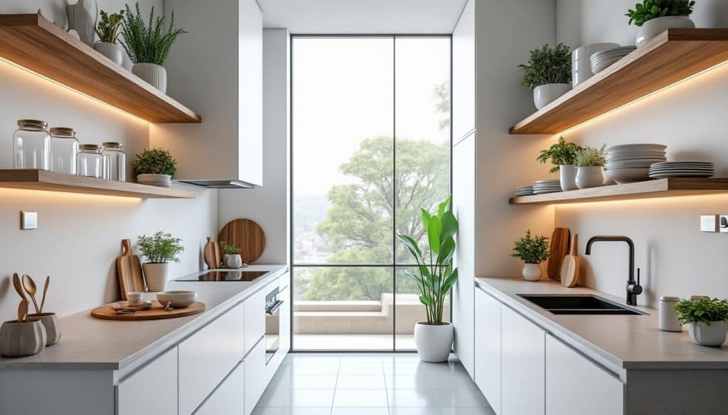 découvrez comment les étagères suspendues optimisent l'espace et allègent l'encombrement visuel dans les cuisines étroites, pour une décoration à la fois pratique et élégante.