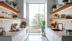 découvrez comment les étagères suspendues optimisent l'espace et allègent l'encombrement visuel dans les cuisines étroites, pour une décoration à la fois pratique et élégante.